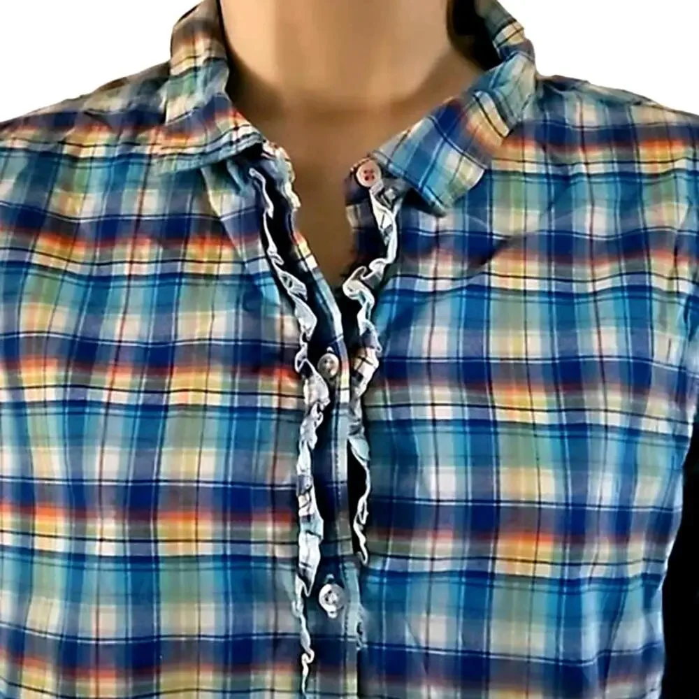 Lands' End Kids Girls Plaid Button-Up Shirt with Ruffle Collar - Size 16